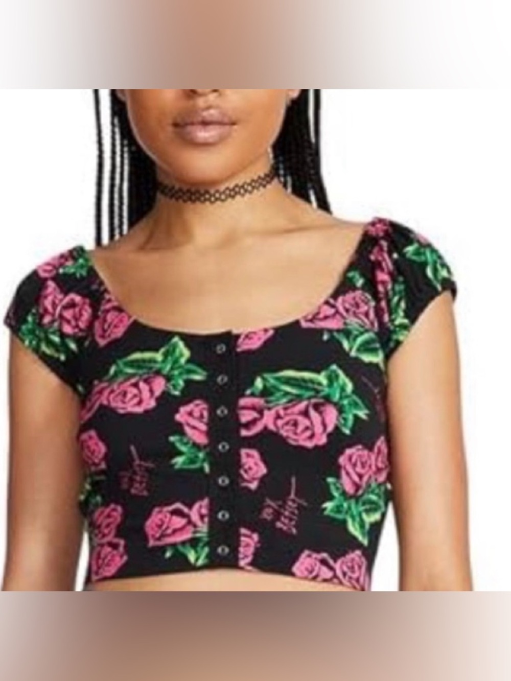 NWT [Betsey Johnson] Rose Floral Cap Sleeved Button-Down Cropped Women’s X-Large - Picture 2 of 7